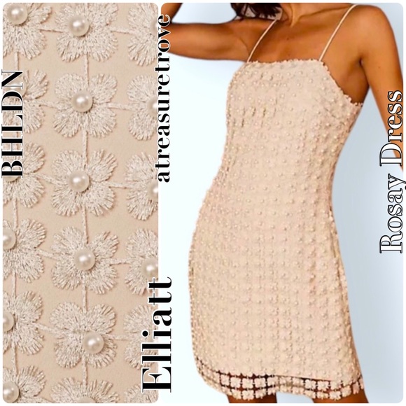 NWT - Elliatt x BHLDN Champagne Pearls Metallic-Lace Wedding Mini Shift dress - Picture 2 of 9